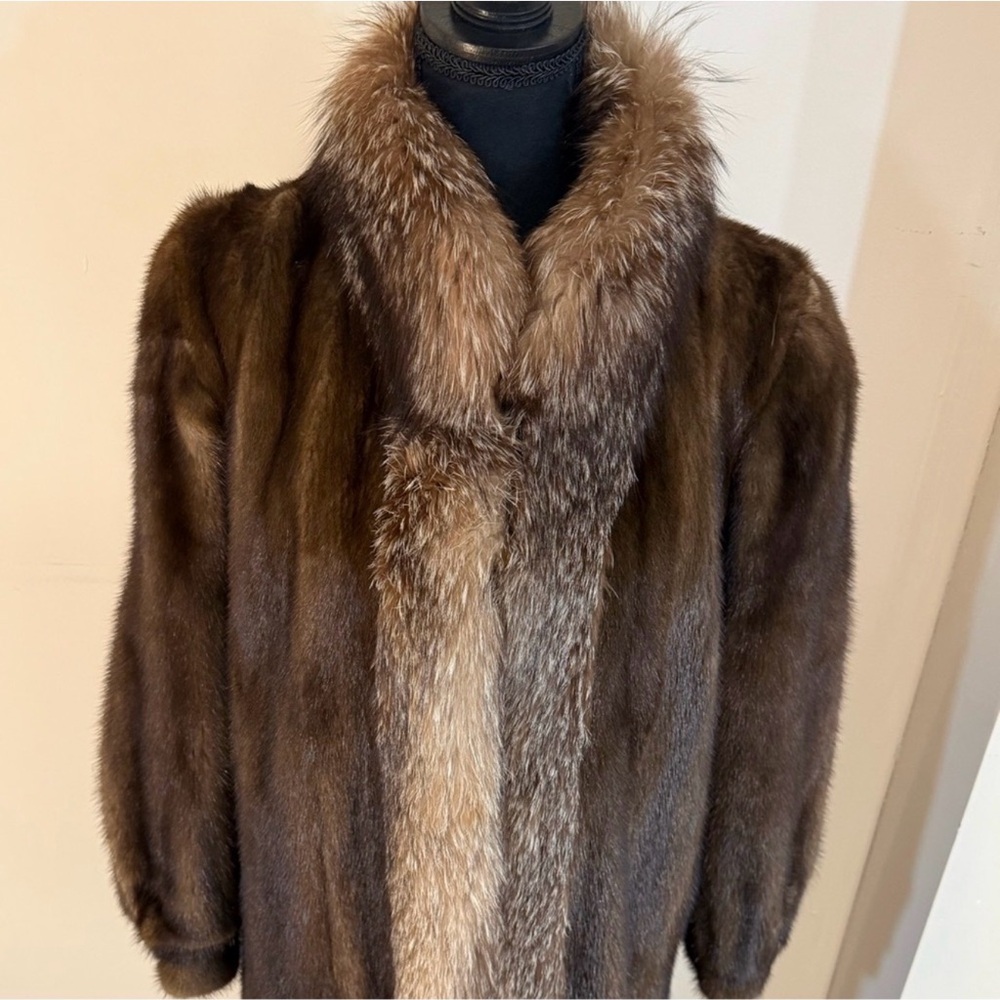 Rare Find* Saga Furs Brown Mink and Tan Fox Fur tuxedo collar coat